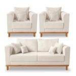 Kit Sofá 3 Lugares e 2 Poltronas Beny Viena Com Almofadas Decorativa Linho Bege - Madeira Prima Deccor