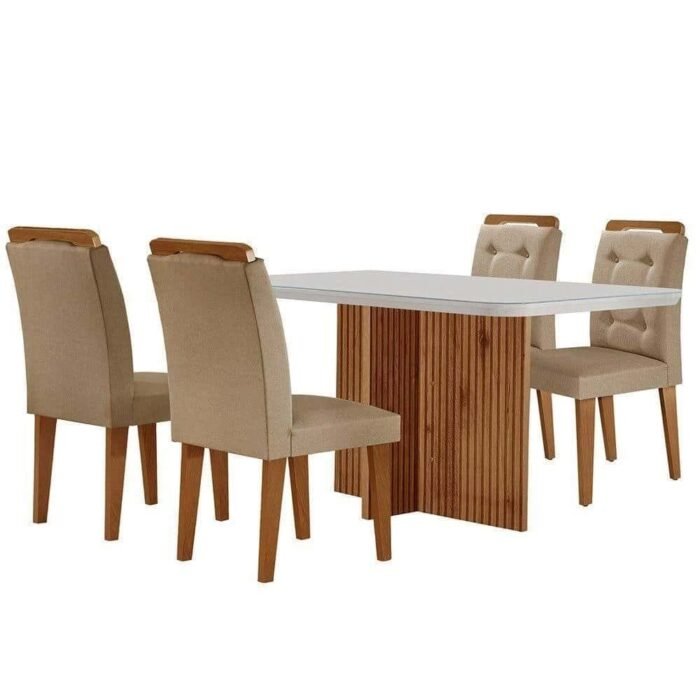 Sala De Jantar Mesa Olímpia 120cm Mdf Vidro Canto Copo Com 4 Cadeiras Turim  Off White  Imbuia - Imagem 1